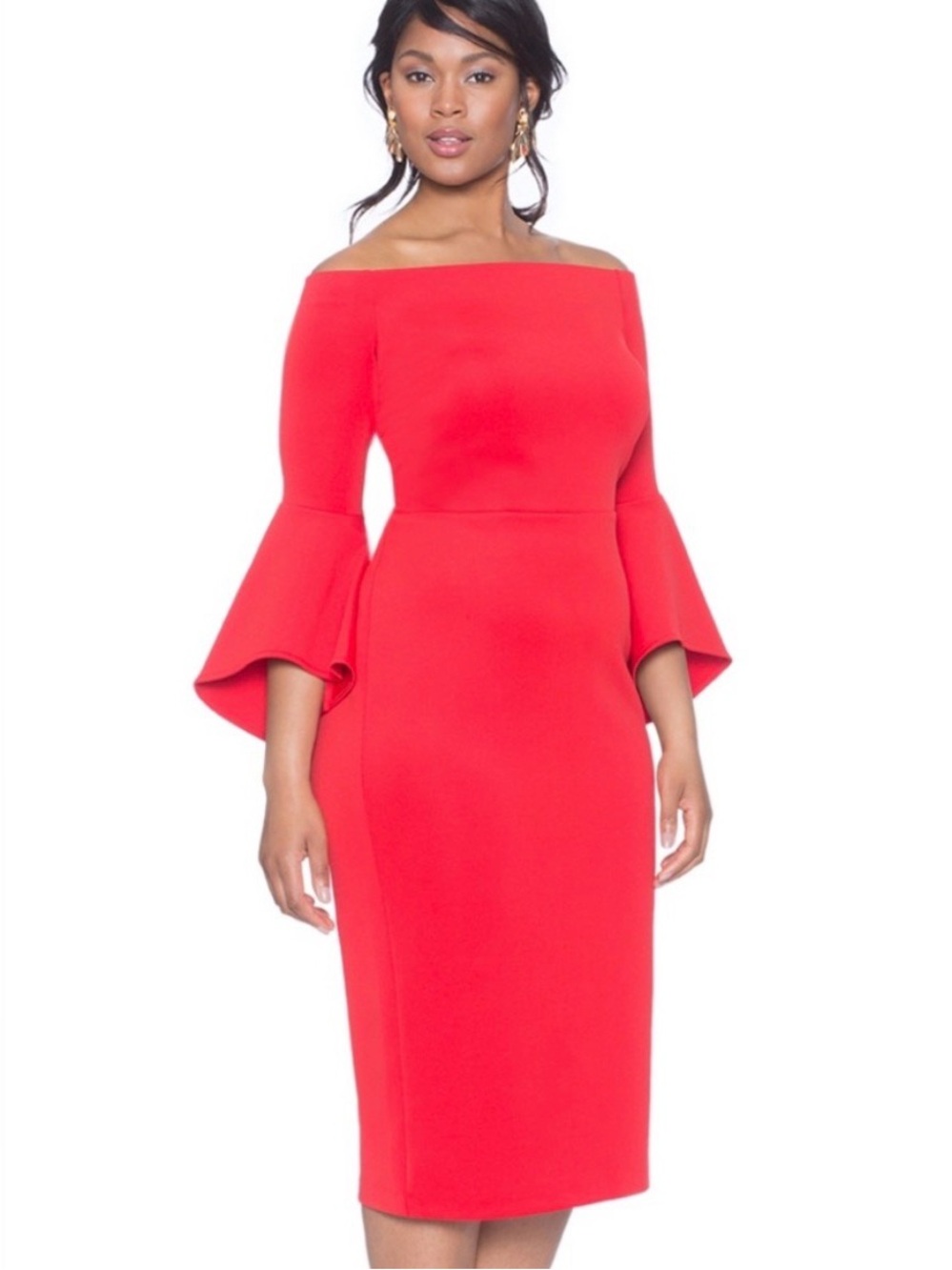 Eloquii Off-Shoulder Red Midi Dress Size 18 Flare Sleeves Plus Size